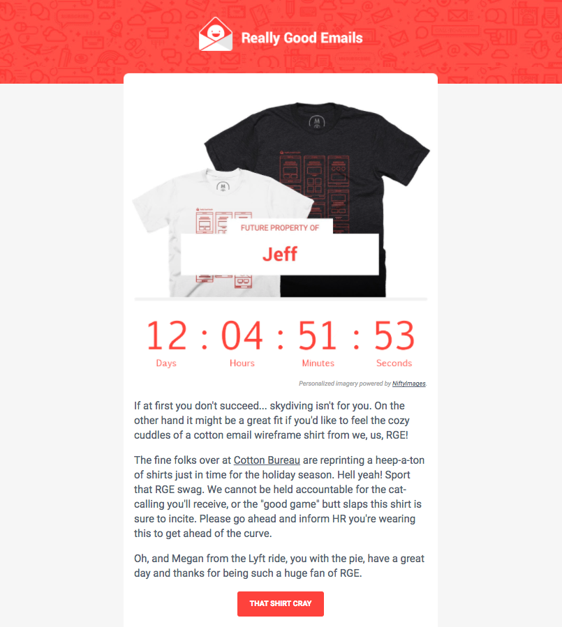 Holiday newsletter from Really Good Emails offering branded t-shirts