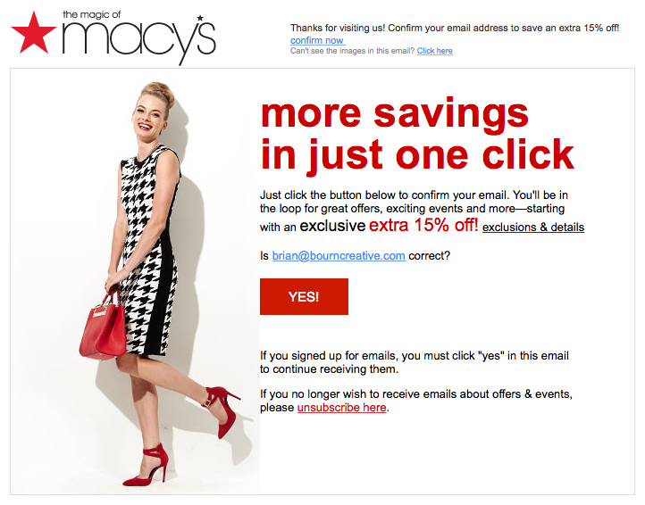 Macy's double opt-in transactional email example