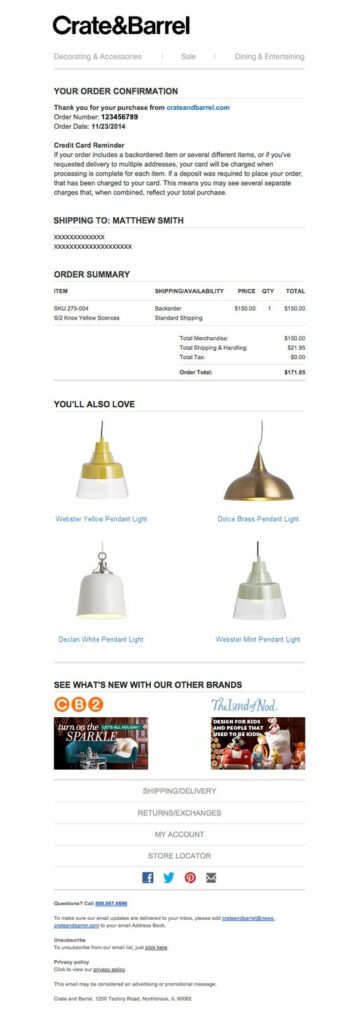 Crate and Barrel order confirmation transactional email example