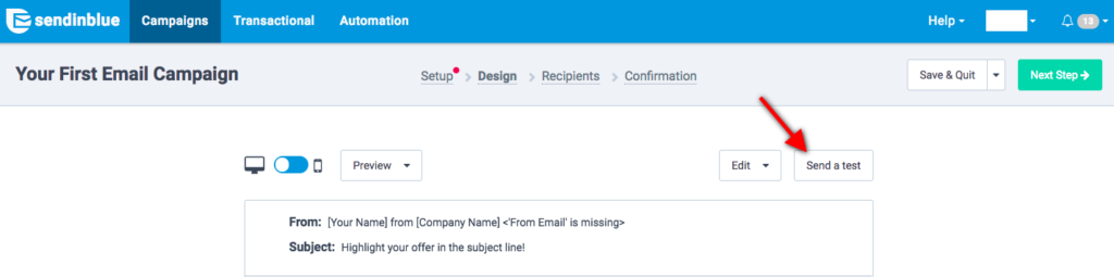 send a test email campaign in Sendinblue