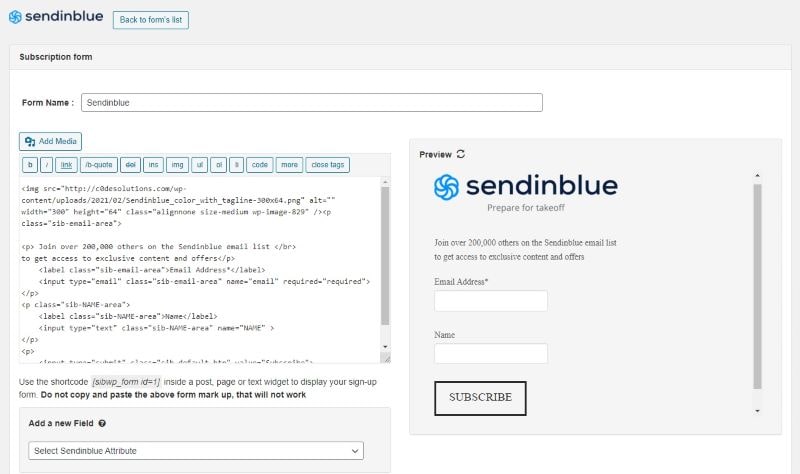 The form builder tool in Sendinblue’s WordPress newsletter plugin