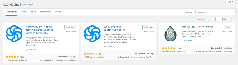 Searching for the Sendinblue WordPress email subscription plugin in the admin dashboard