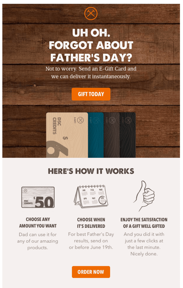 Dollar shave club email example Father's Day gift cards