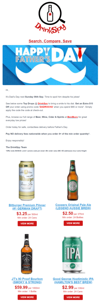 DrinkSpy email campaign for Father's Day sale