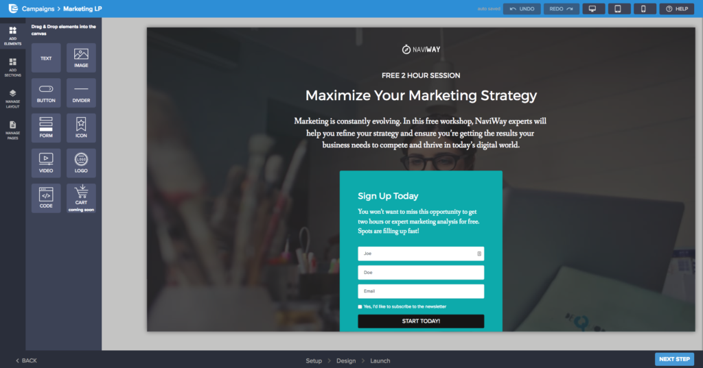 sample marketing landing page in Sendinblue