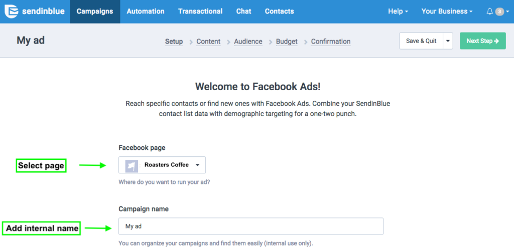 Connect facebook ads with Sendinblue