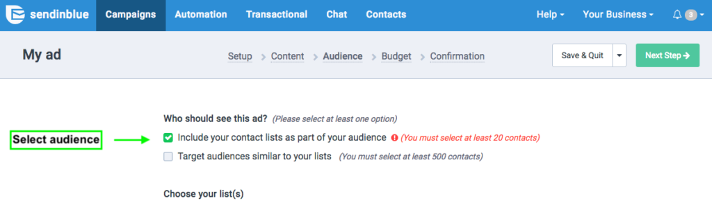 Defining Facebook Ad target audience on Sendinblue