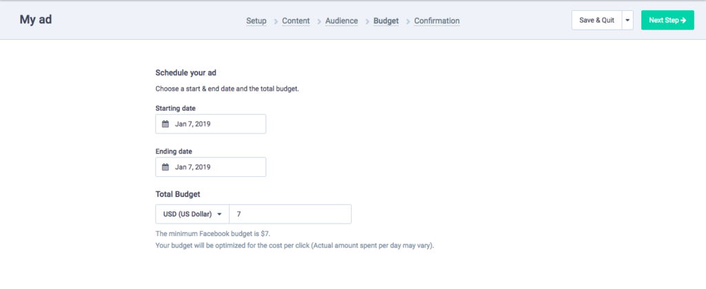 Setting the budget of facebook ad on Sendinblue