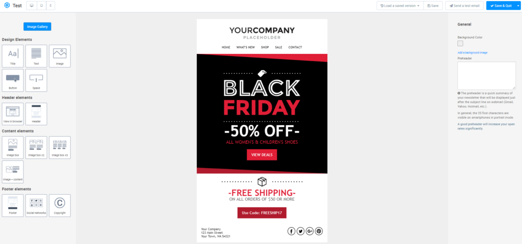 Screenshot of Sendinblue's drag and drop email builder with Black Friday template