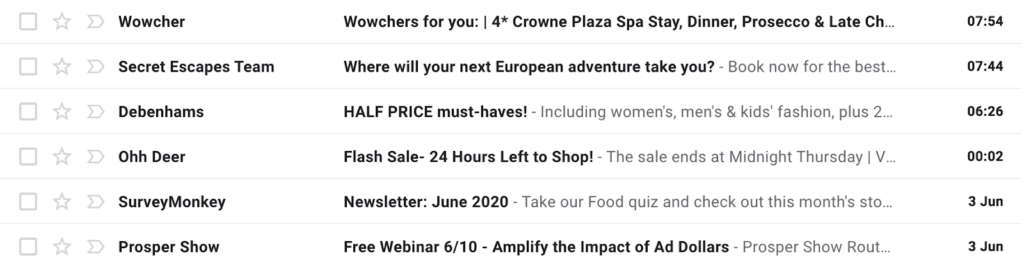 Example of an inbox with subject lines