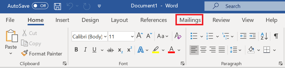 screenshot of mailings ribbons in Word