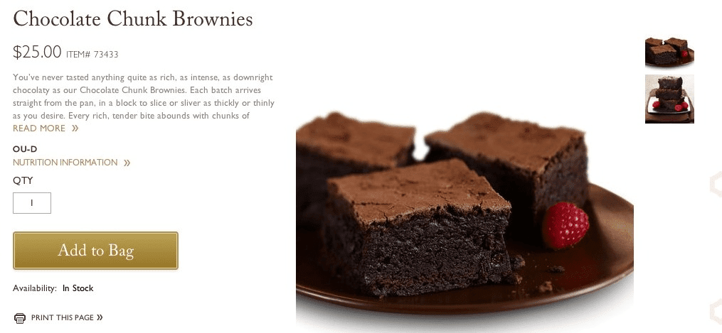 Example of an ecommerce product page selling the product 'Chocolate Chunk Brownies'