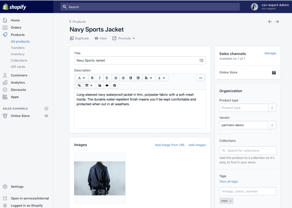 Screenshot of the shopify 'Products' tab