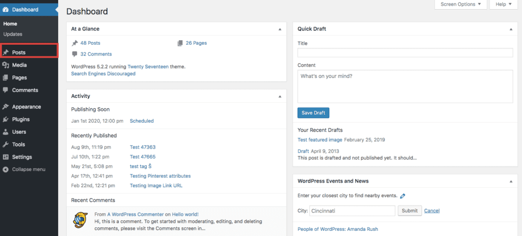 Screenshot of WordPress dashboard demonstrating where to create blog posts on the platform.