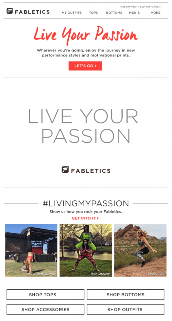 Email campaign from Fabletics showcasing user generated content in the form of customers' instagram posts featuring their products.