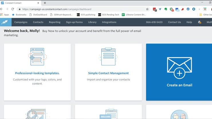 Screenshot of Constant Contact's user dashboard.
