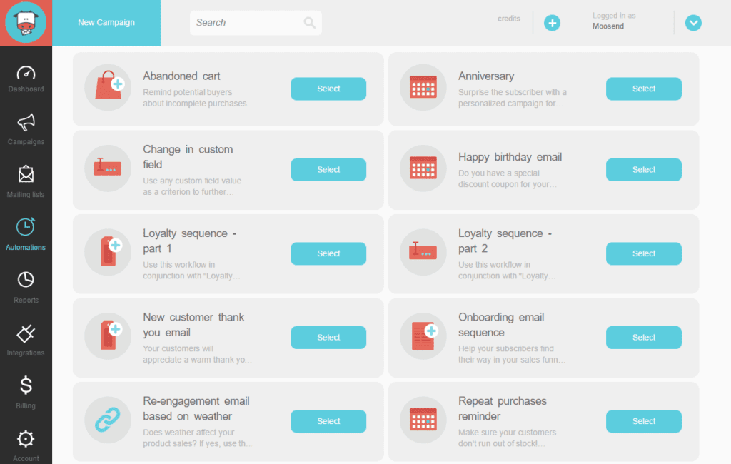 Screenshot of automation dashboard on Moosend.