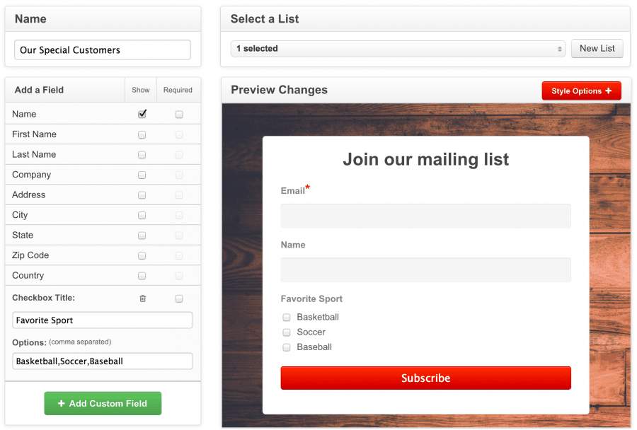 Screenshot of Red Cappi's sign-up form builder.