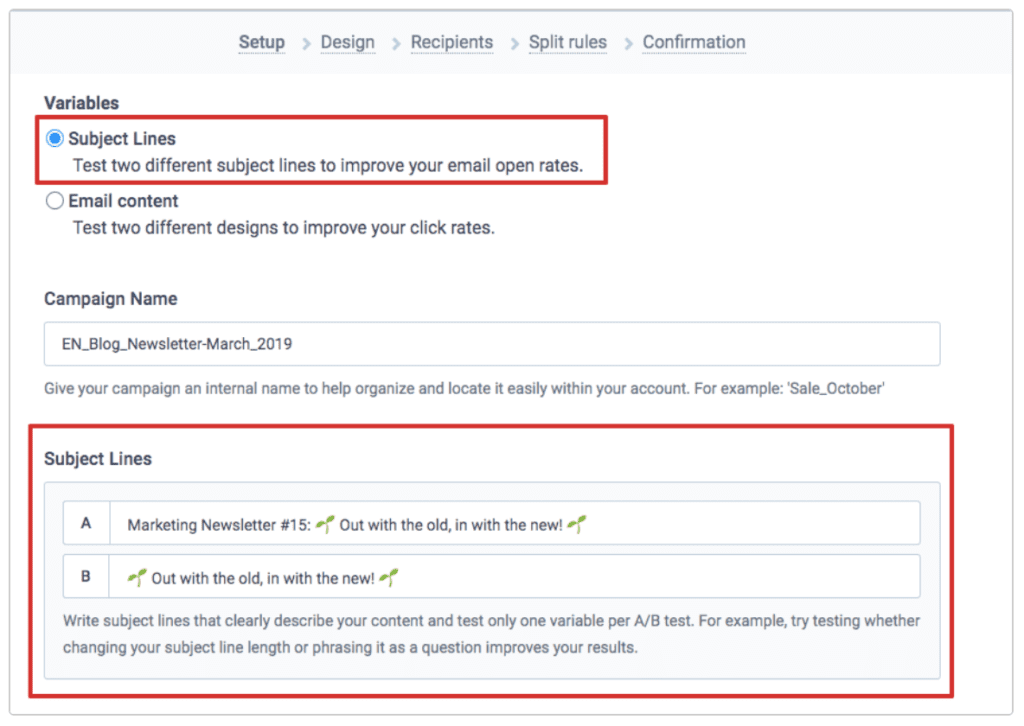 setting up an A/B test for an email