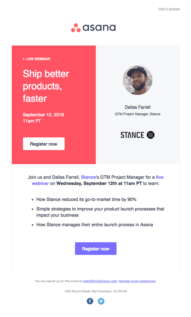 Example webinar invitation email by Asana