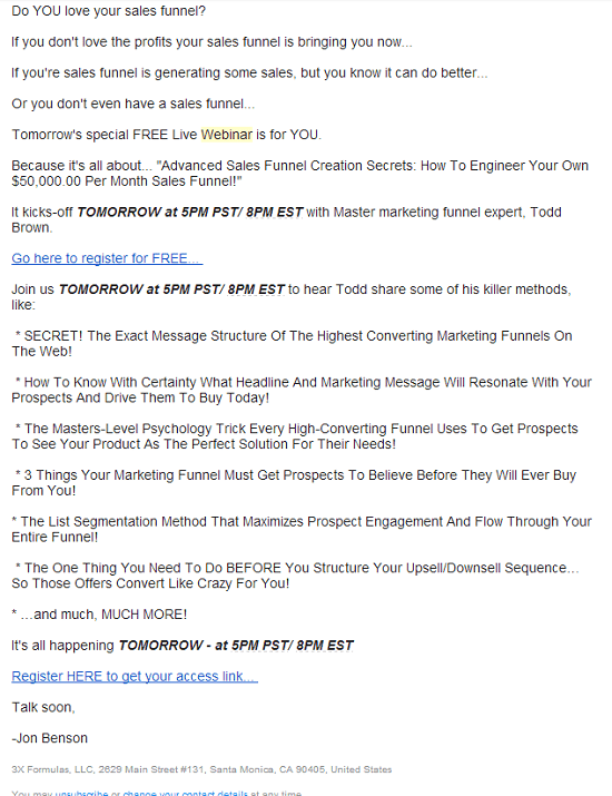Example of a plain-text webinar invitation email
