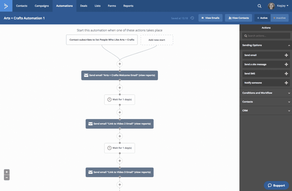 Email automation workflow on ActiveCampaign's marketing platform