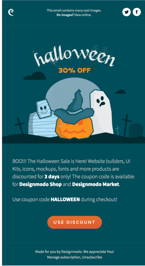 Designmodo example Halloween email call to action for their Halloween email marketing. 