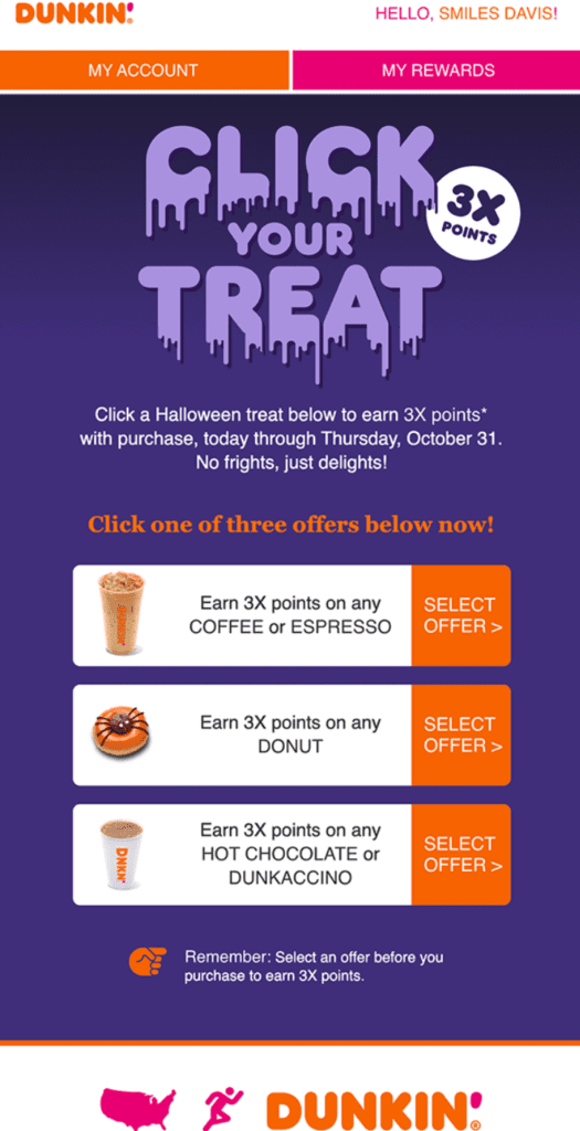 Dunkin Donuts Halloween email design example for their Halloween email marketing campaign. 