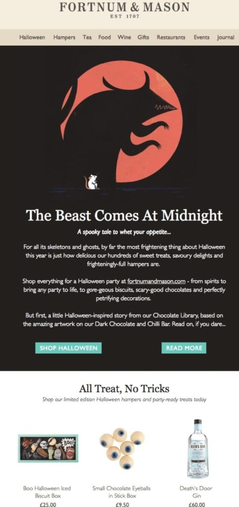 Fortnum and Mason Halloween-themed products email example