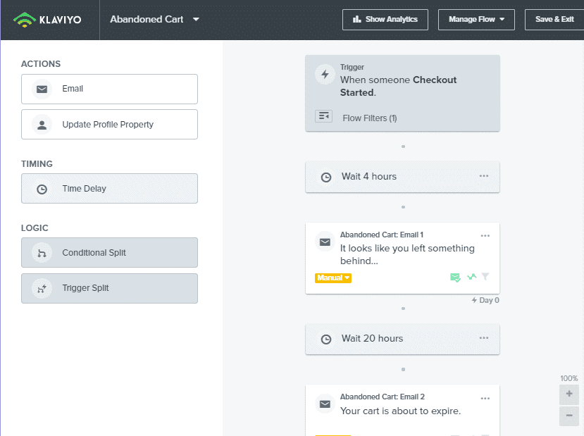 Abandoned cart workflow using Klaviyo's marketing automation service