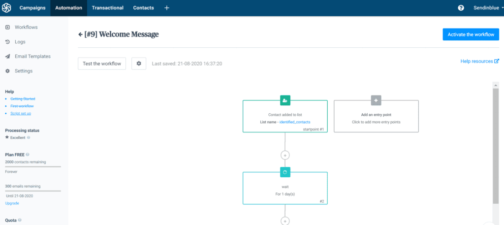 Welcome workflow created with Sendinblue's marketing automation service