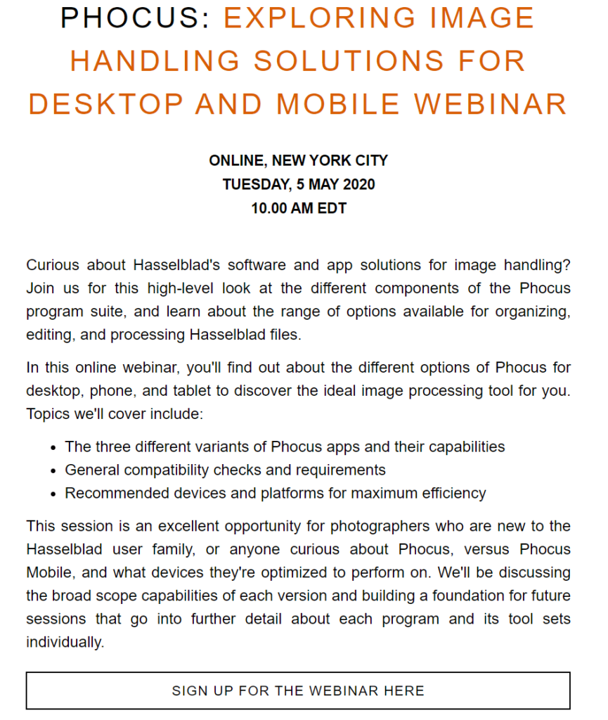 Example of a webinar invitation email with an agenda from Hasselblad