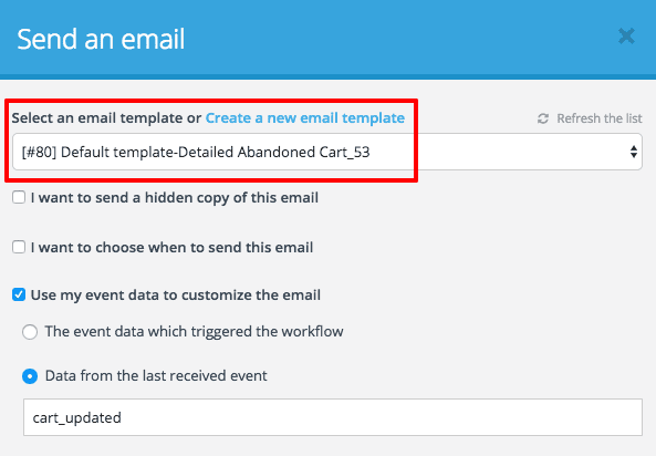 Screenshot of selecting the abandoned cart email template in Brevo (ex Sendinblue)