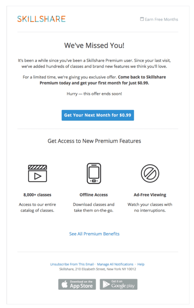 Skillshare reactivation email example