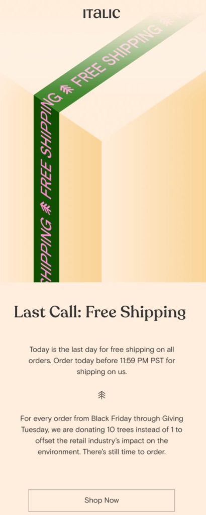 Black Friday email campaign by Italic promoting their environmental actions and free shipping