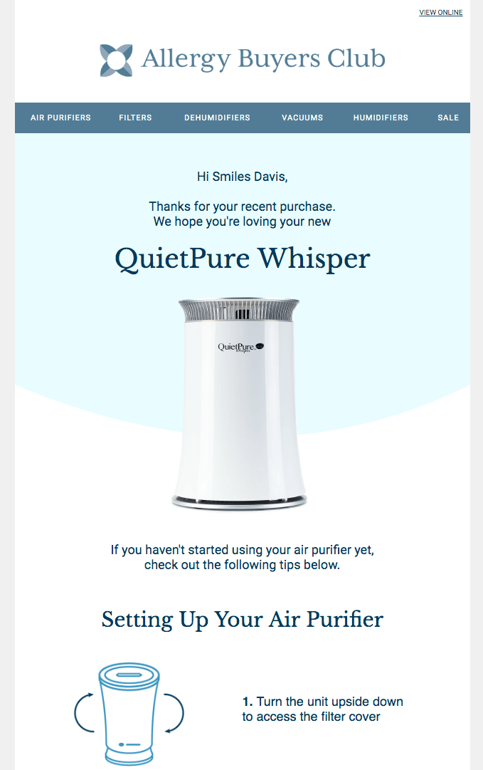 Post-purchase automated email by Allergy Buyers Club (part 1)