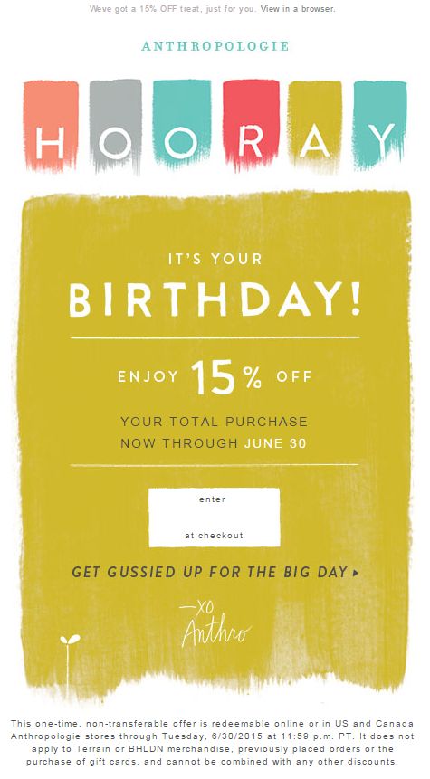 Example of an automated Birthday email by brand Anthropologie