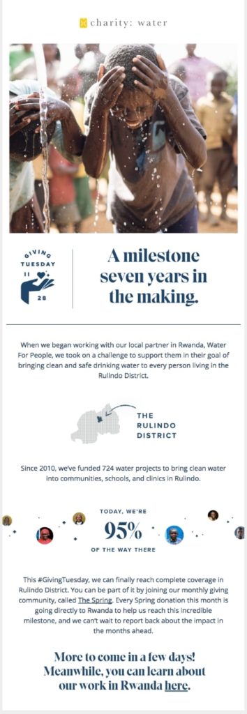 Giving Tuesday email announcement by charity: water