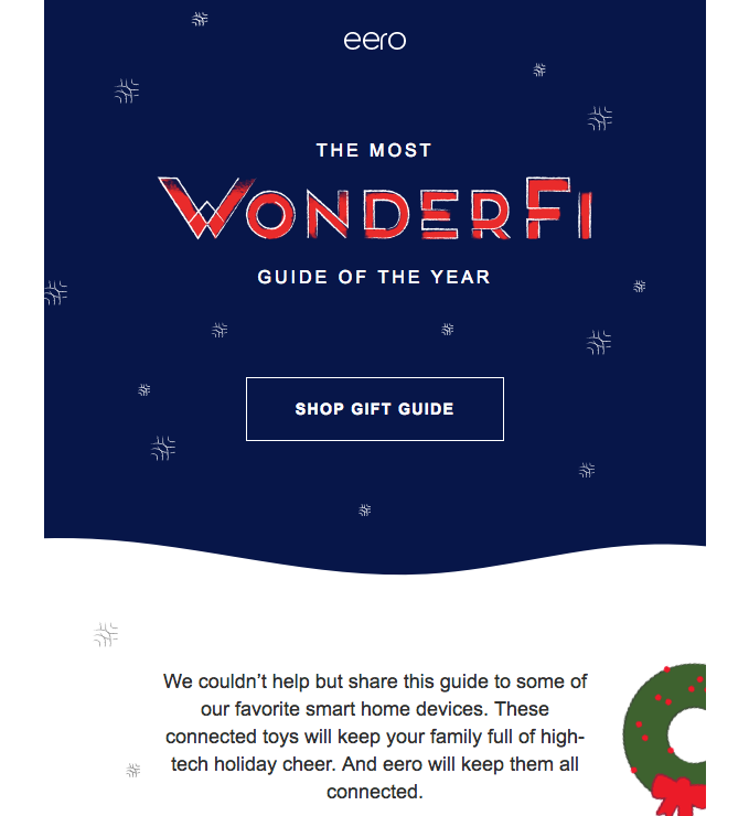 Christmas gift guide email that uses the slogan "The Most WonderFi Guide" in its holiday email subject line