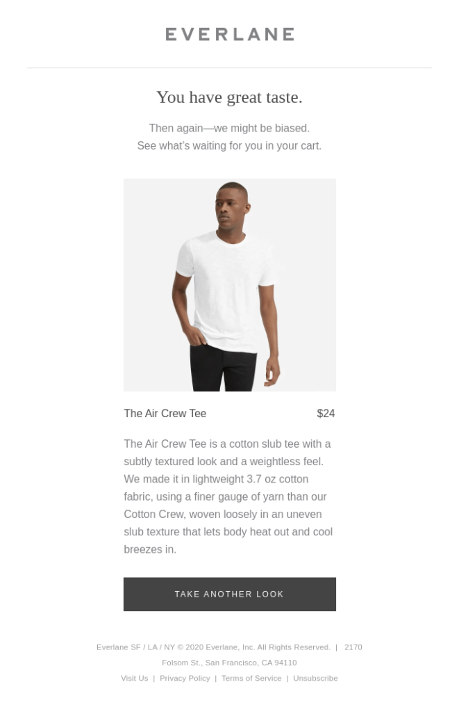 Example of an abandoned cart email by clothing retailer Everlane