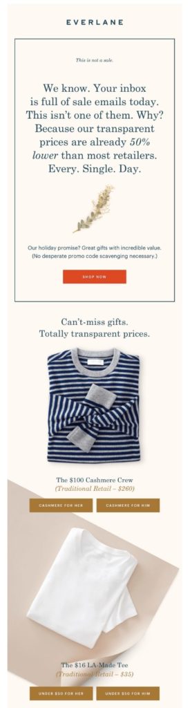 Cyber Monday email by Everlane with gift recommendations and item prices compared to other retailers