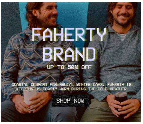 Screenshot of a block from Huckberry's Cyber Monday email that uses images and copy to showcaseing product benefits