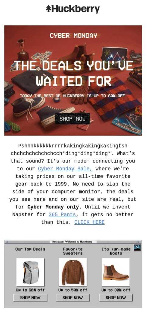 Huckberry's Cyber Monday email campaign with a nostalgia-themed design