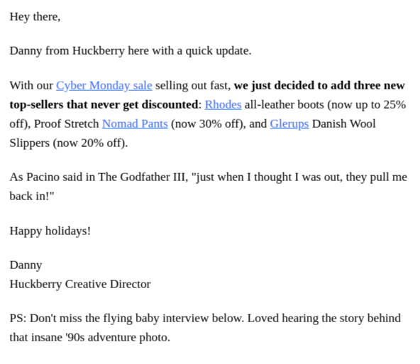 Plain text Cyber Monday email by Huckberry to promote their last-minute discounts