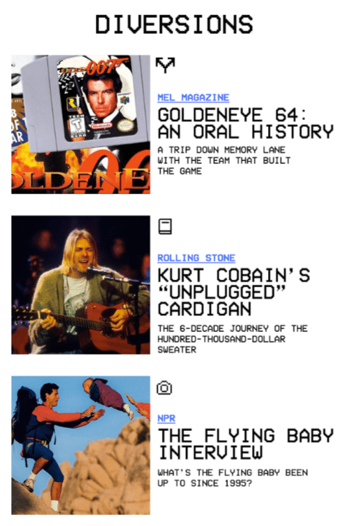 Final section of Huckberry's Cyber Monday email with nostalgia-themed stories