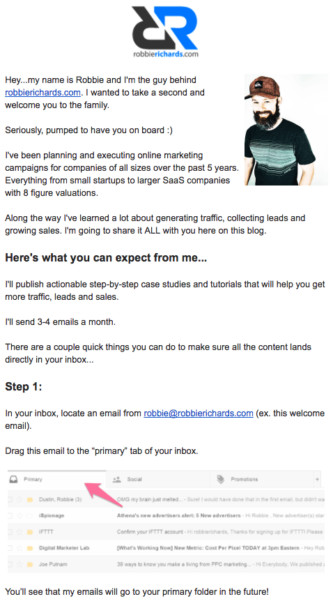 Example of an automated welcome email for the Robbie Richards marketing blog newsletter