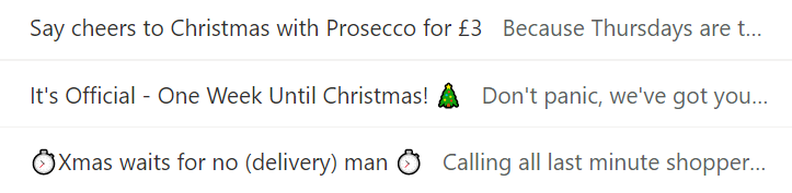 Screenshot of an inbox with holiday email subject lines and preview texts