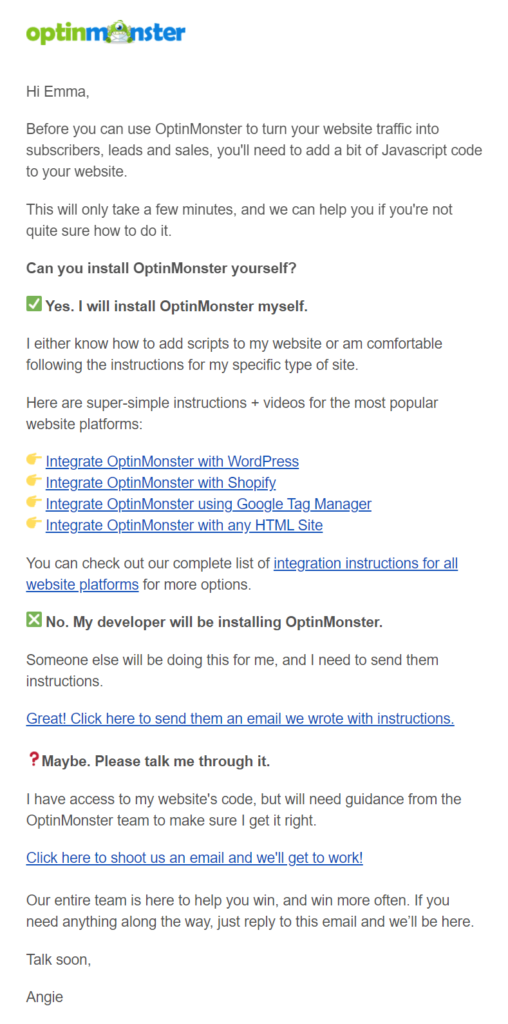 example of an onboarding email by OptinMonster