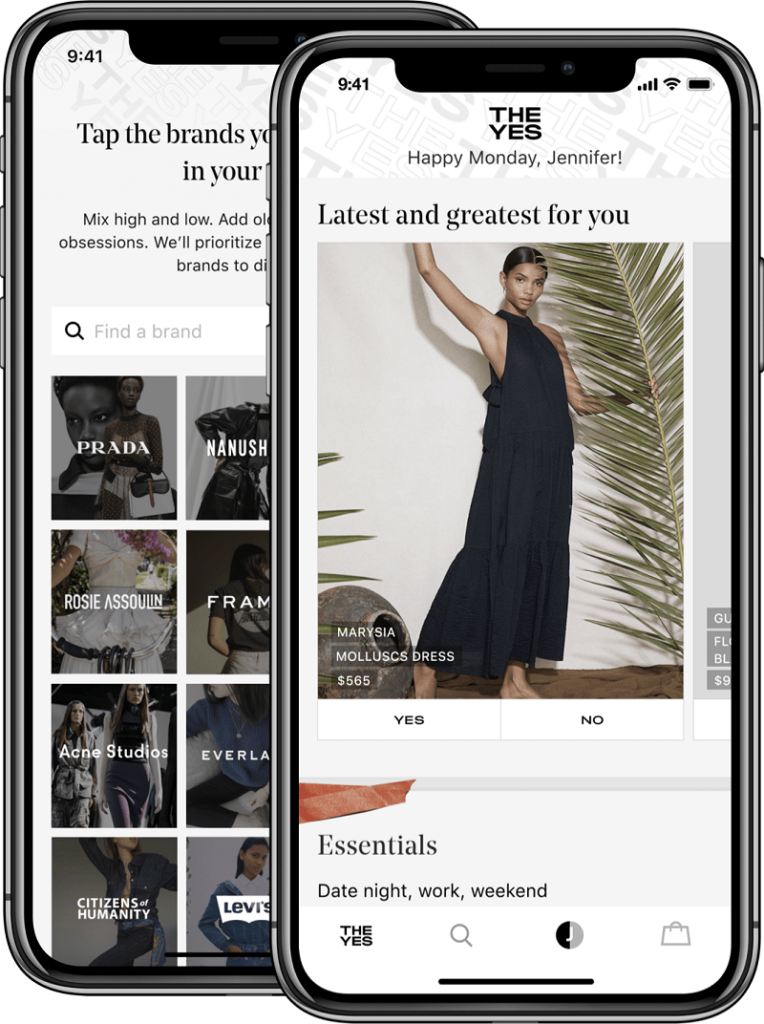 Images from The Yes application displayed on two smartphones, demonstrating the platform's personalized product recommendations.