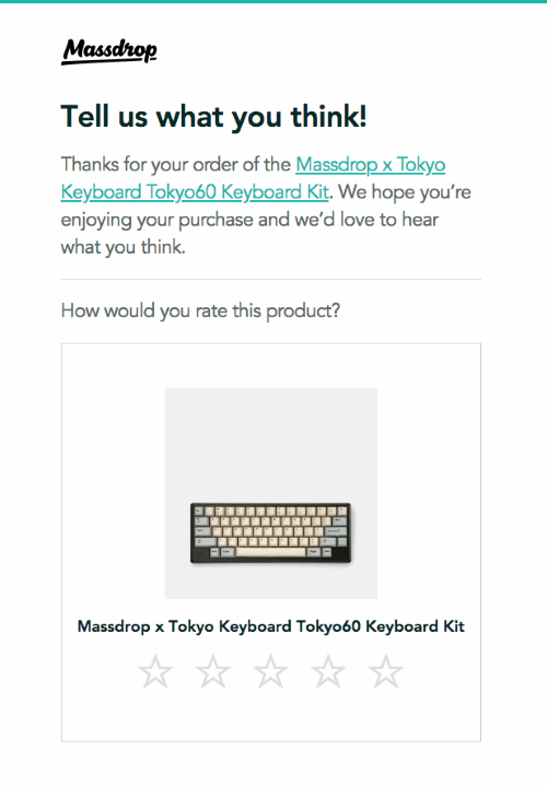 Email by Massdrop that uses interactive star rating buttons